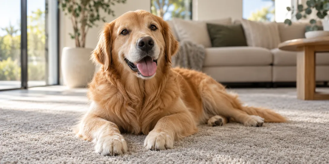 A happy golden retriever lying on plush warm-grey carpet in a bright living room