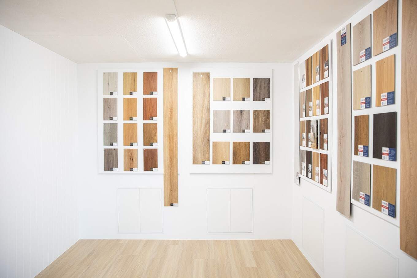Timber flooring sample wall at One Source Floors, Nerang